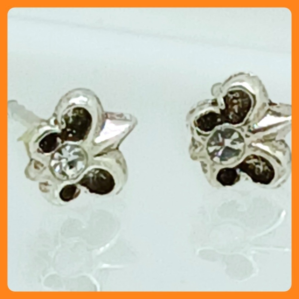 Vintage Sterling Silver 925 Fleur De Lis Stud Earrings Clear Crystal Petite